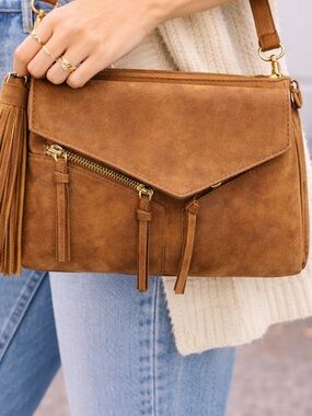 Boho Western Crossbody Fringe Hobo Bag  Distressed Tassel Festival Gypsy Neutral